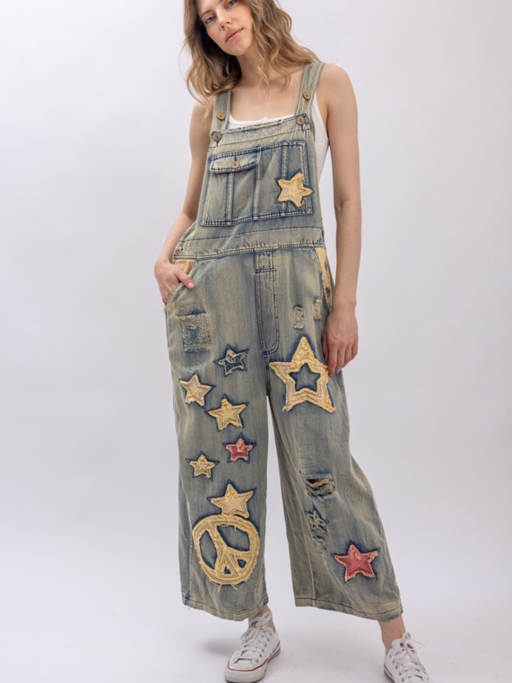 Bluevelvet Star Peace Patchwork Wide Leg Cropped Denim Jean Overalls - Picture 10 of 11